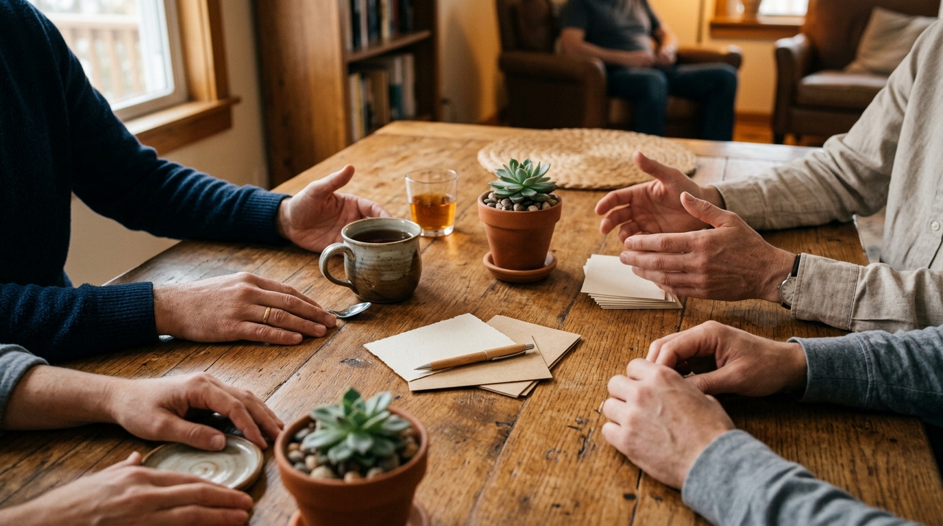 Original illustration of adults sharing a practical conversation in a warm community space